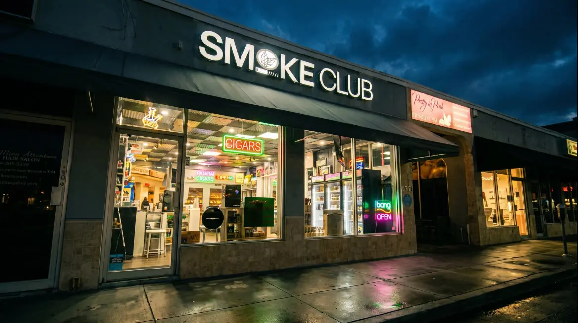 The Smoke Club storefront on E Oakland Park Blvd at night, lit sign and neon CIGARS window